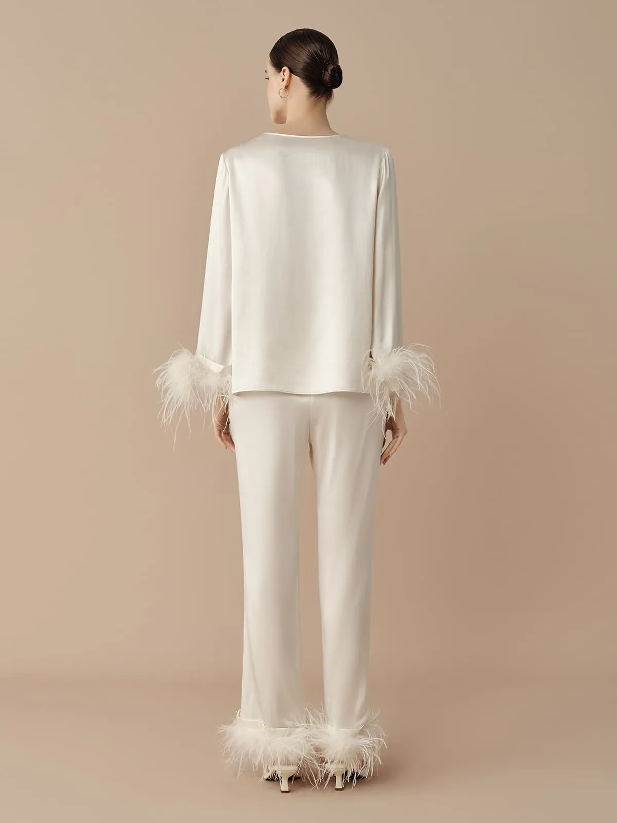 SILKINC Long Sleeved Feather Trim Loungewear Set